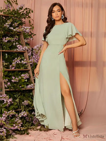 Vestido Longo Elegante Manga Curta Com Fenda Lateral Verde Oliva / PP Vestido Longo Elegante Manga Curta Com Fenda