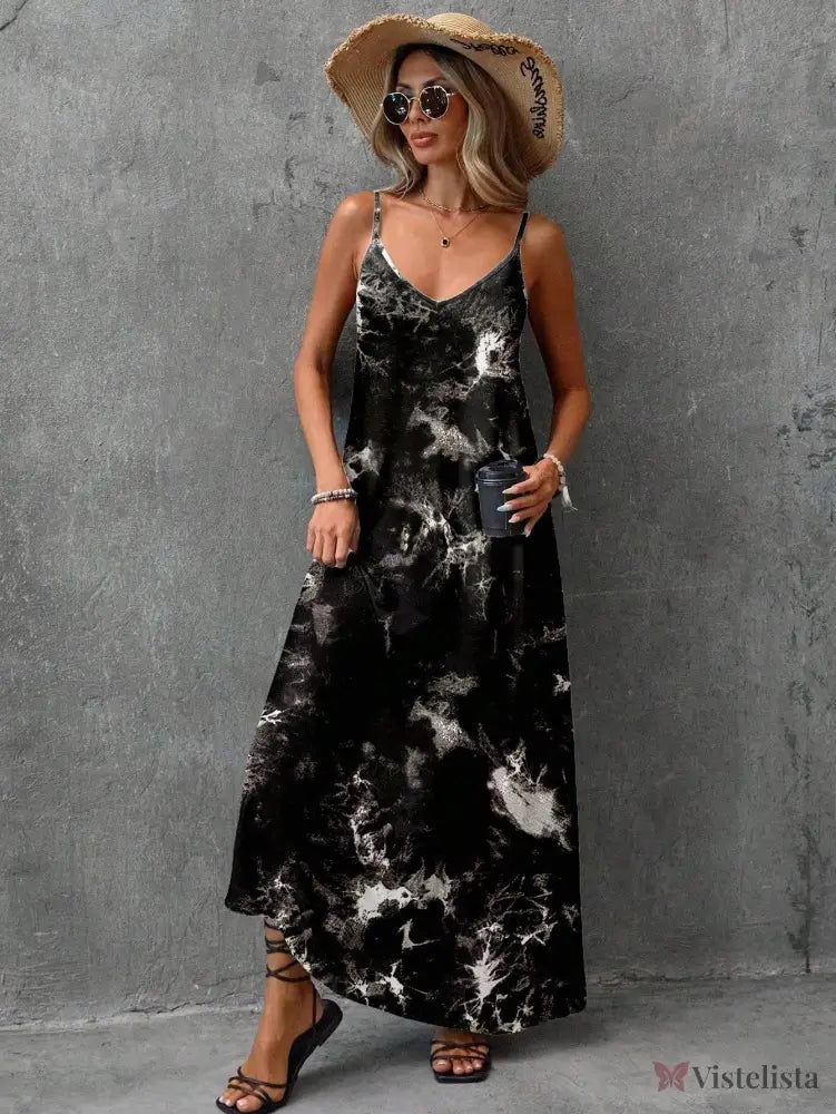 Vestido Longo Estampado Alças Finas Estilo Casual Vestido Longo Estampado Alças Finas Estilo Casual