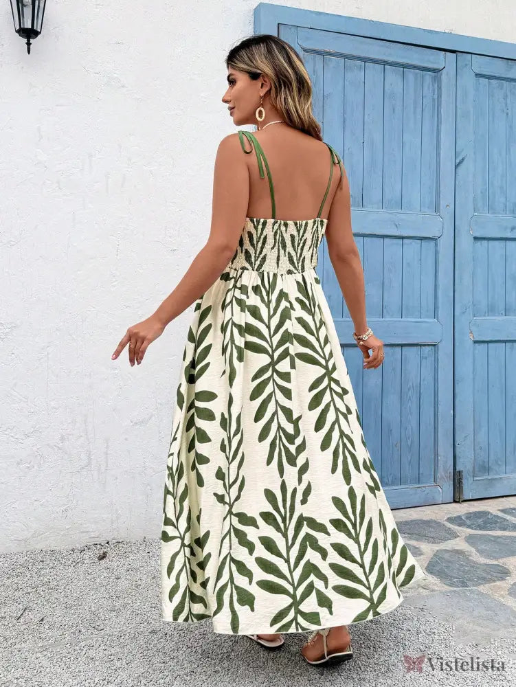 Vestido Longo Estampado com Alças Ajustáveis e Cintura Marcada Vestido Longo Estampado com Alças Ajustáveis e Cintura