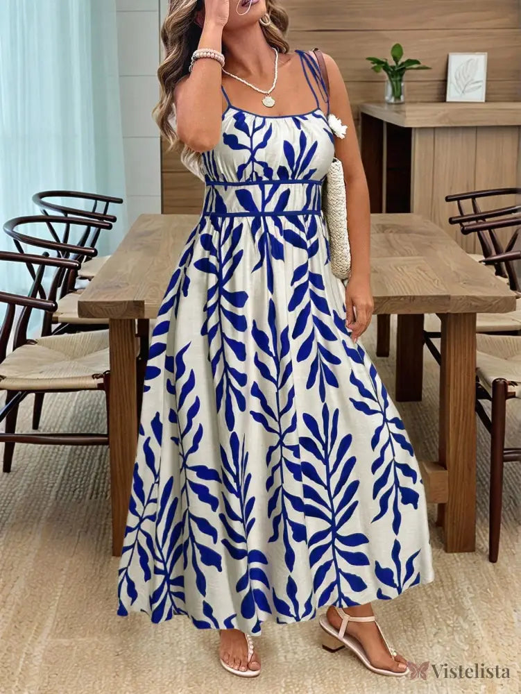 Vestido Longo Estampado com Alças Ajustáveis e Cintura Marcada Azul / PP Vestido Longo Estampado com Alças Ajustáveis e
