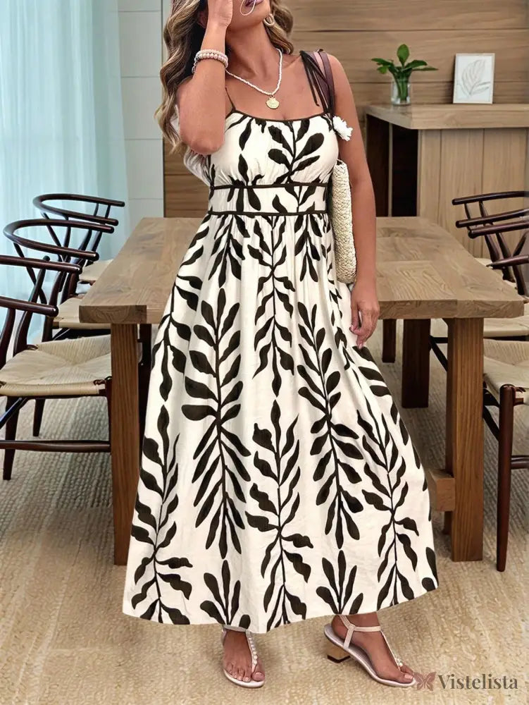 Vestido Longo Estampado com Alças Ajustáveis e Cintura Marcada Preto / PP Vestido Longo Estampado com Alças Ajustáveis