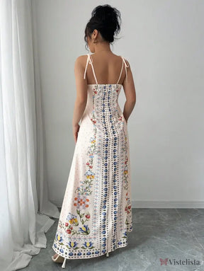 Vestido Longo Estampado com Alças Finas e Barra Decorada Vestido Longo Estampado com Alças Finas e Barra Decorada