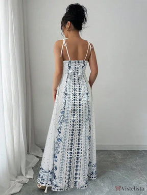 Vestido Longo Estampado com Alças Finas e Barra Decorada Vestido Longo Estampado com Alças Finas e Barra Decorada