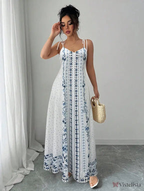 Vestido Longo Estampado com Alças Finas e Barra Decorada Vestido Longo Estampado com Alças Finas e Barra Decorada