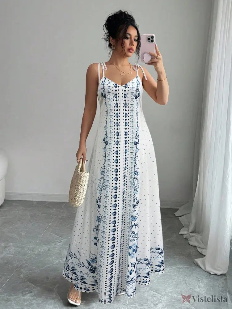 Vestido Longo Estampado com Alças Finas e Barra Decorada Azul / PP Vestido Longo Estampado com Alças Finas e Barra