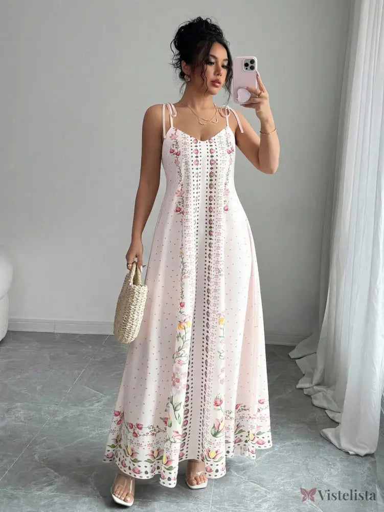 Vestido Longo Estampado com Alças Finas e Barra Decorada Rosa Bebê / PP Vestido Longo Estampado com Alças Finas e Barra
