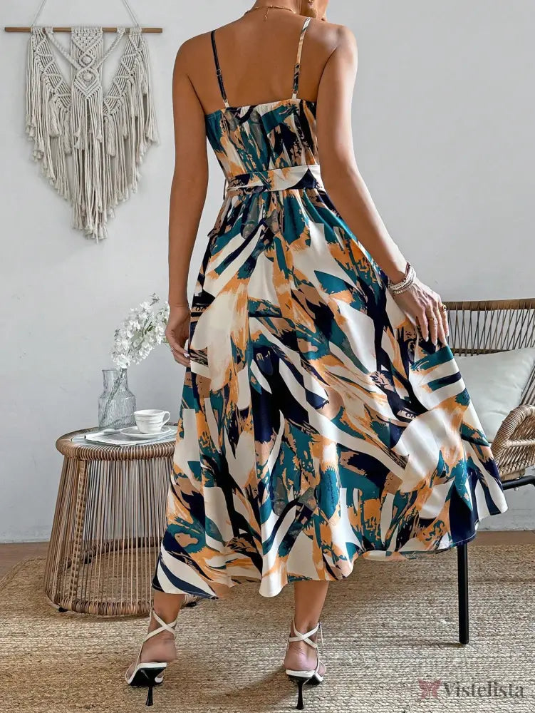 Vestido Longo Estampado Com Cinto E Decote V Vestido Longo Estampado Com Cinto E Decote V