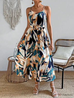 Vestido Longo Estampado Com Cinto E Decote V Vestido Longo Estampado Com Cinto E Decote V