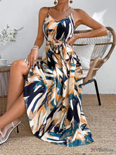Vestido Longo Estampado Com Cinto E Decote V Azul / PP Vestido Longo Estampado Com Cinto E Decote V