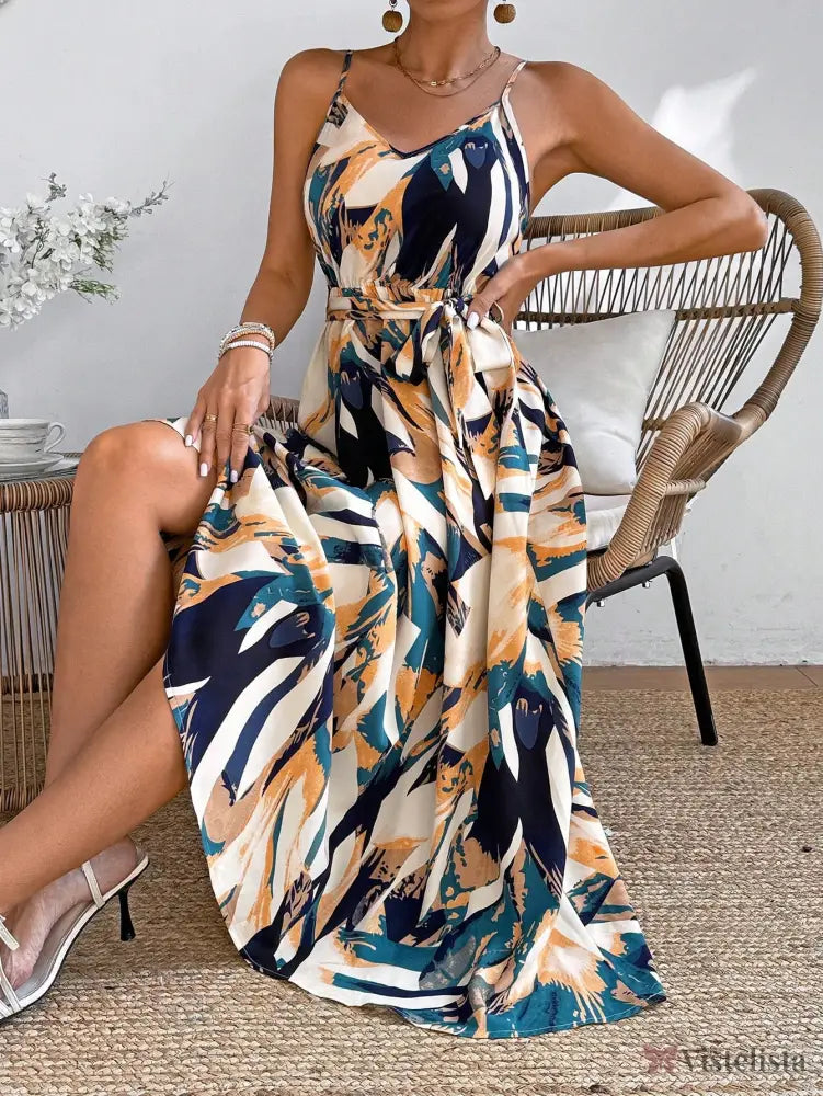 Vestido Longo Estampado Com Cinto E Decote V Azul / PP Vestido Longo Estampado Com Cinto E Decote V