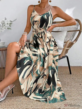 Vestido Longo Estampado Com Cinto E Decote V Verde / PP Vestido Longo Estampado Com Cinto E Decote V