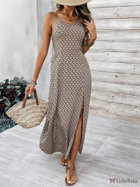 Vestido Longo Estampado com Fenda e Alças Finas Vestido Longo Estampado com Fenda e Alças Finas