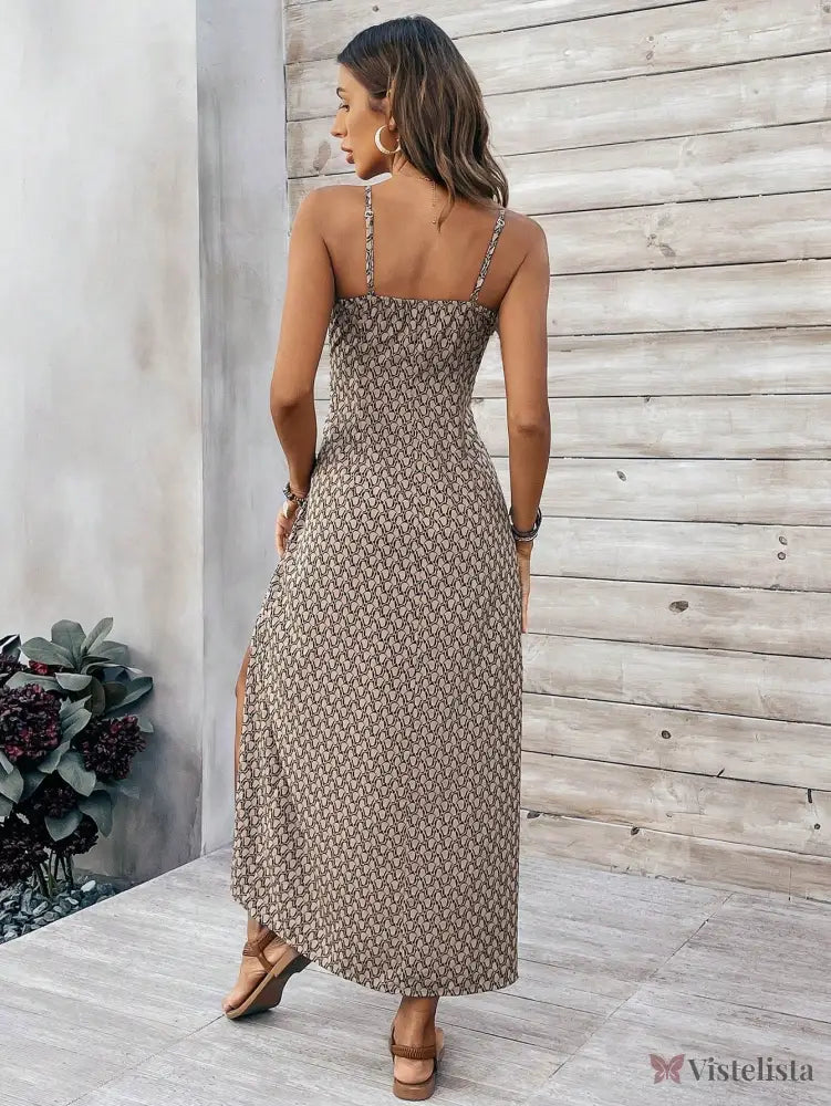 Vestido Longo Estampado com Fenda e Alças Finas Vestido Longo Estampado com Fenda e Alças Finas