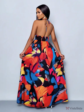 Vestido Longo Estampado Decote Halter Com Saia Rodada Vestido Longo Estampado Decote Halter Com Saia Rodada