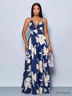 Vestido Longo Estampado Decote Halter Com Saia Rodada Vestido Longo Estampado Decote Halter Com Saia Rodada