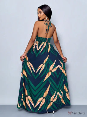 Vestido Longo Estampado Decote Halter Com Saia Rodada Vestido Longo Estampado Decote Halter Com Saia Rodada
