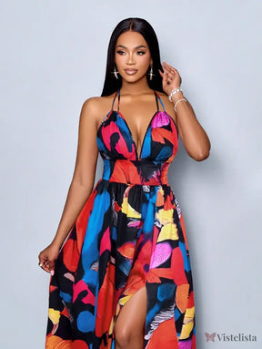 Vestido Longo Estampado Decote Halter Com Saia Rodada Vestido Longo Estampado Decote Halter Com Saia Rodada