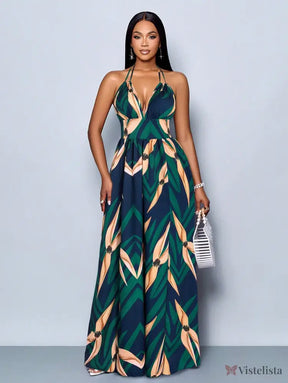 Vestido Longo Estampado Decote Halter Com Saia Rodada Vestido Longo Estampado Decote Halter Com Saia Rodada