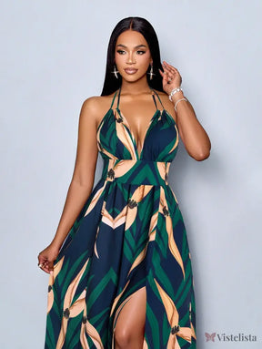 Vestido Longo Estampado Decote Halter Com Saia Rodada Vestido Longo Estampado Decote Halter Com Saia Rodada