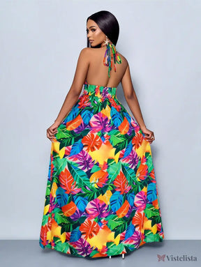 Vestido Longo Estampado Decote Halter Com Saia Rodada Vestido Longo Estampado Decote Halter Com Saia Rodada
