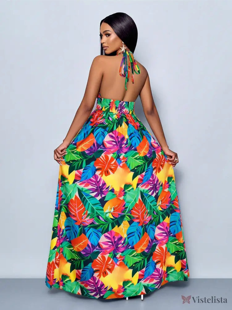 Vestido Longo Estampado Decote Halter Com Saia Rodada Vestido Longo Estampado Decote Halter Com Saia Rodada
