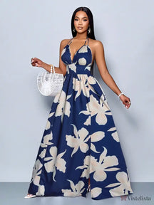 Vestido Longo Estampado Decote Halter Com Saia Rodada Azul-marinho / PP Vestido Longo Estampado Decote Halter Com Saia