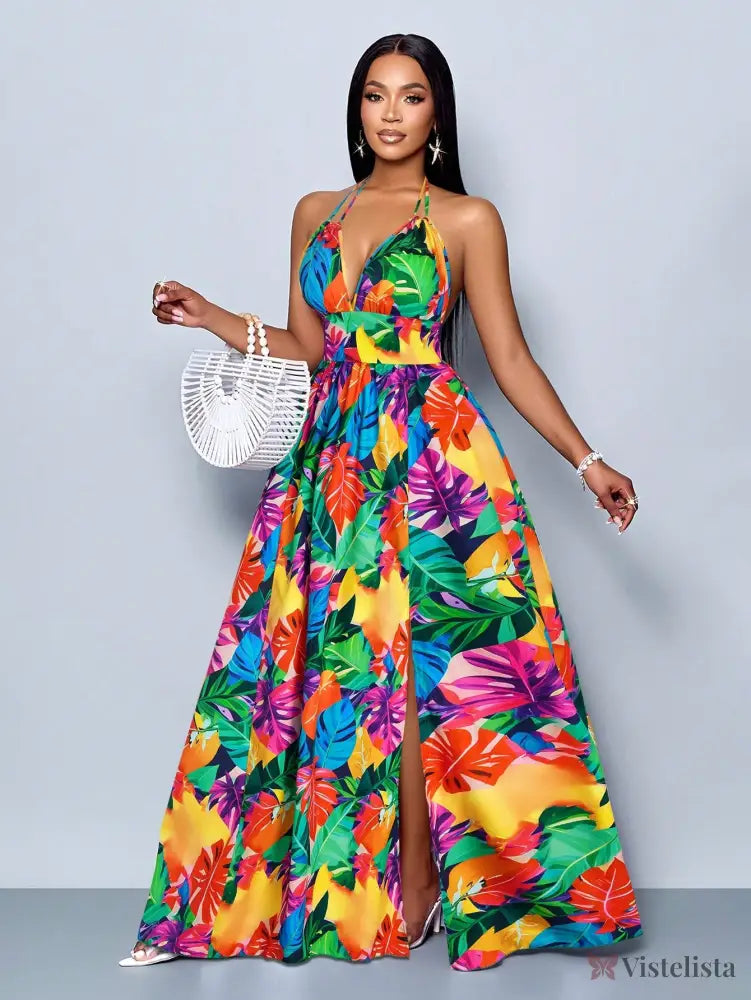 Vestido Longo Estampado Decote Halter Com Saia Rodada Multicolorido / PP Vestido Longo Estampado Decote Halter Com Saia
