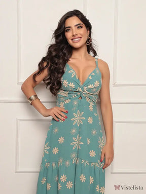 Vestido Longo Estampado Decote V Com Recorte Frontal Vestido Longo Estampado Decote V Com Recorte Frontal