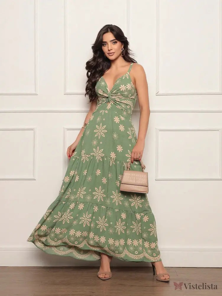 Vestido Longo Estampado Decote V Com Recorte Frontal Verde Oliva / PP Vestido Longo Estampado Decote V Com Recorte