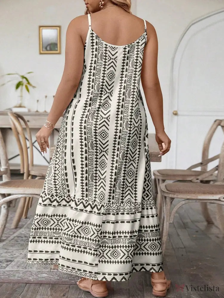 Vestido Longo Estampado Étnico Com Alças Finas Vestido Longo Estampado Étnico Com Alças Finas