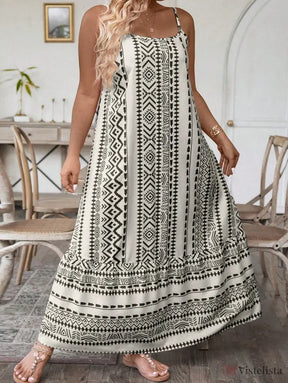 Vestido Longo Estampado Étnico Com Alças Finas Vestido Longo Estampado Étnico Com Alças Finas