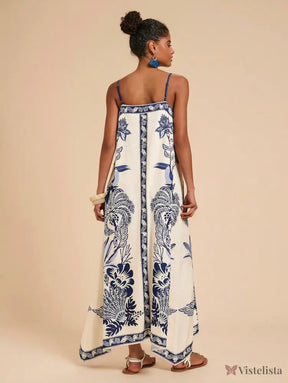 Vestido Longo Estampado Étnico Decote V Alças Finas Vestido Longo Estampado Étnico Decote V Alças Finas