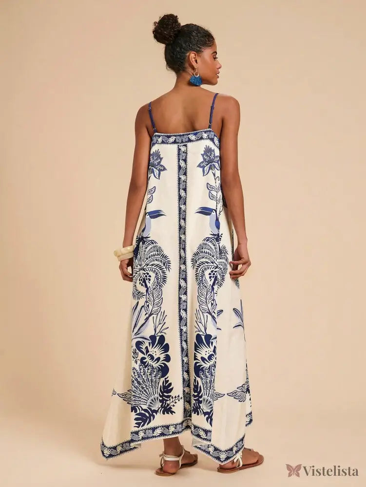 Vestido Longo Estampado Étnico Decote V Alças Finas Vestido Longo Estampado Étnico Decote V Alças Finas