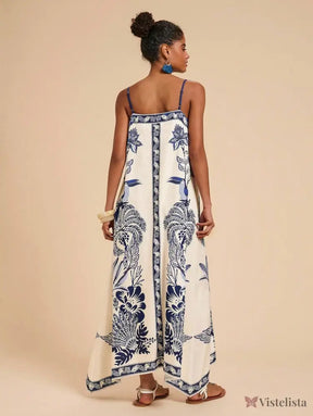 Vestido Longo Estampado Étnico Decote V Alças Finas Vestido Longo Estampado Étnico Decote V Alças Finas