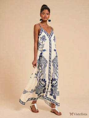 Vestido Longo Estampado Étnico Decote V Alças Finas Azul / PP Vestido Longo Estampado Étnico Decote V Alças Finas