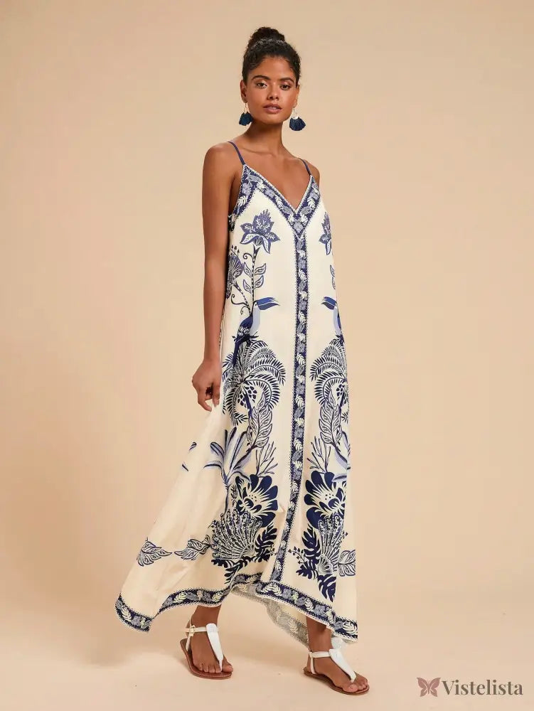 Vestido Longo Estampado Étnico Decote V Alças Finas Azul / PP Vestido Longo Estampado Étnico Decote V Alças Finas