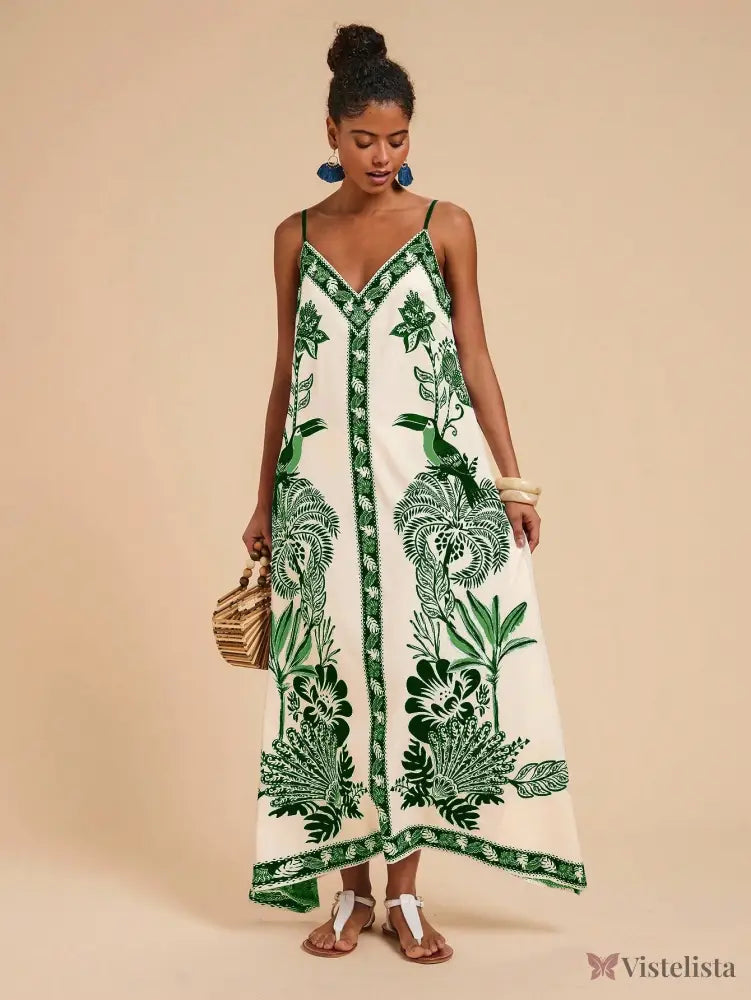Vestido Longo Estampado Étnico Decote V Alças Finas Verde / PP Vestido Longo Estampado Étnico Decote V Alças Finas