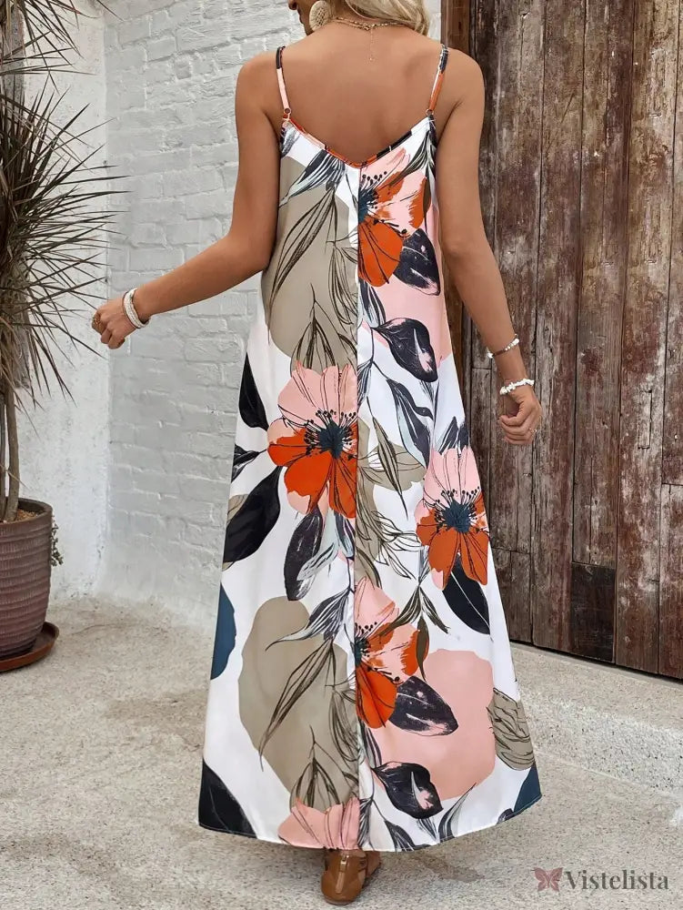 Vestido Longo Estampado Floral Alças Finas Elegante Vestido Longo Estampado Floral Alças Finas Elegante