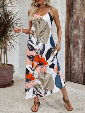 Vestido Longo Estampado Floral Alças Finas Elegante Vestido Longo Estampado Floral Alças Finas Elegante