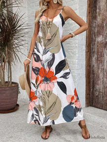 Vestido Longo Estampado Floral Alças Finas Elegante Branco / PP Vestido Longo Estampado Floral Alças Finas Elegante