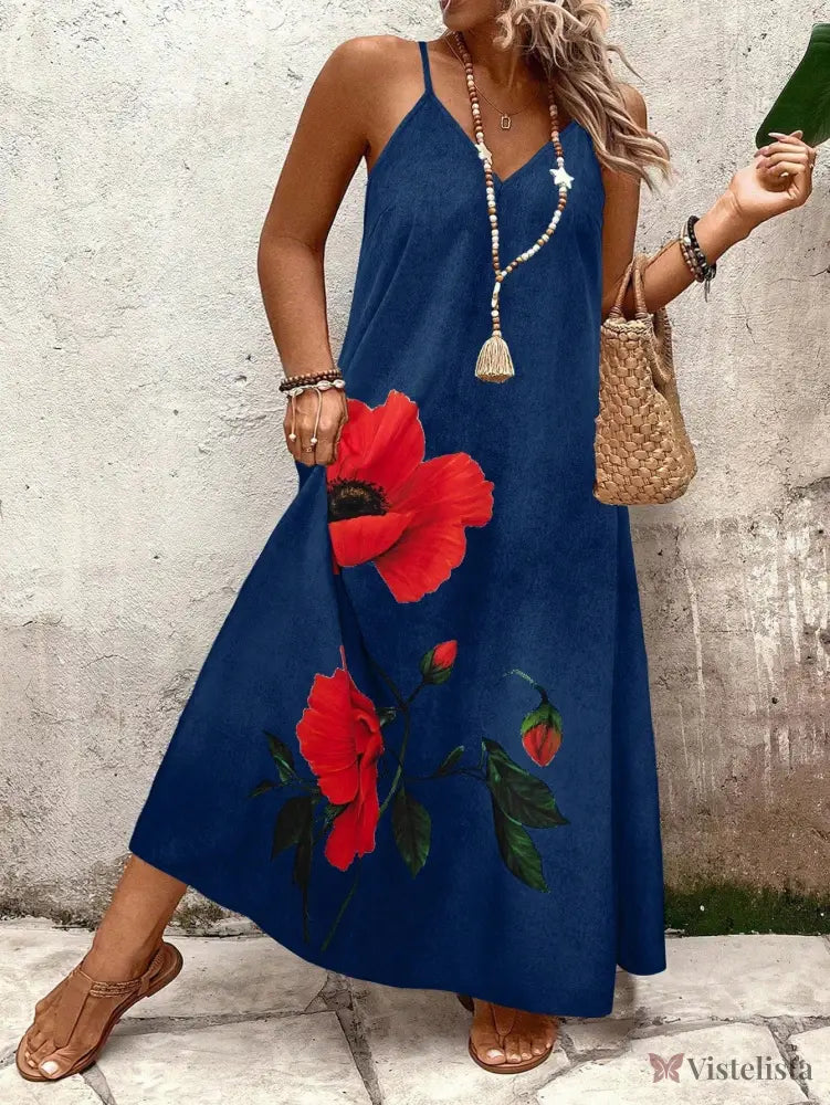 Vestido Longo Estampado Floral Alças Finas Estilo Boho Azul-marinho / PP Vestido Longo Estampado Floral Alças Finas