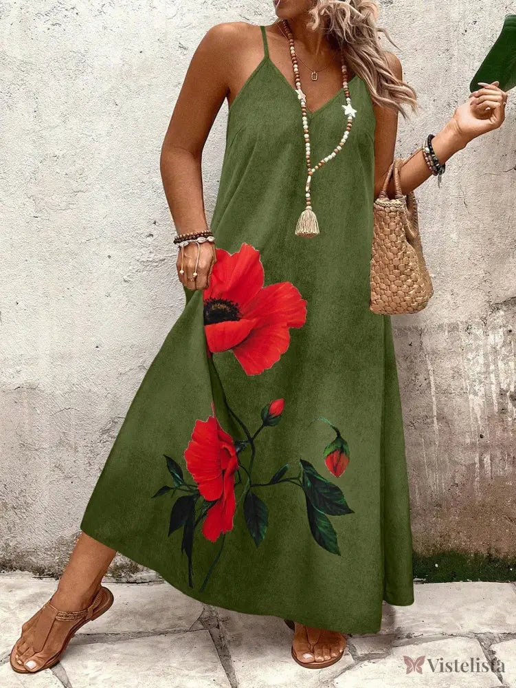 Vestido Longo Estampado Floral Alças Finas Estilo Boho Verde Escuro / PP Vestido Longo Estampado Floral Alças Finas