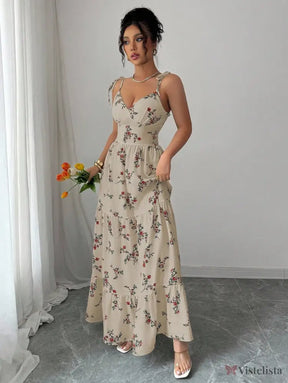 Vestido Longo Estampado Floral Com Alças Finas Ajustáveis Vestido Longo Estampado Floral Com Alças Finas Ajustáveis