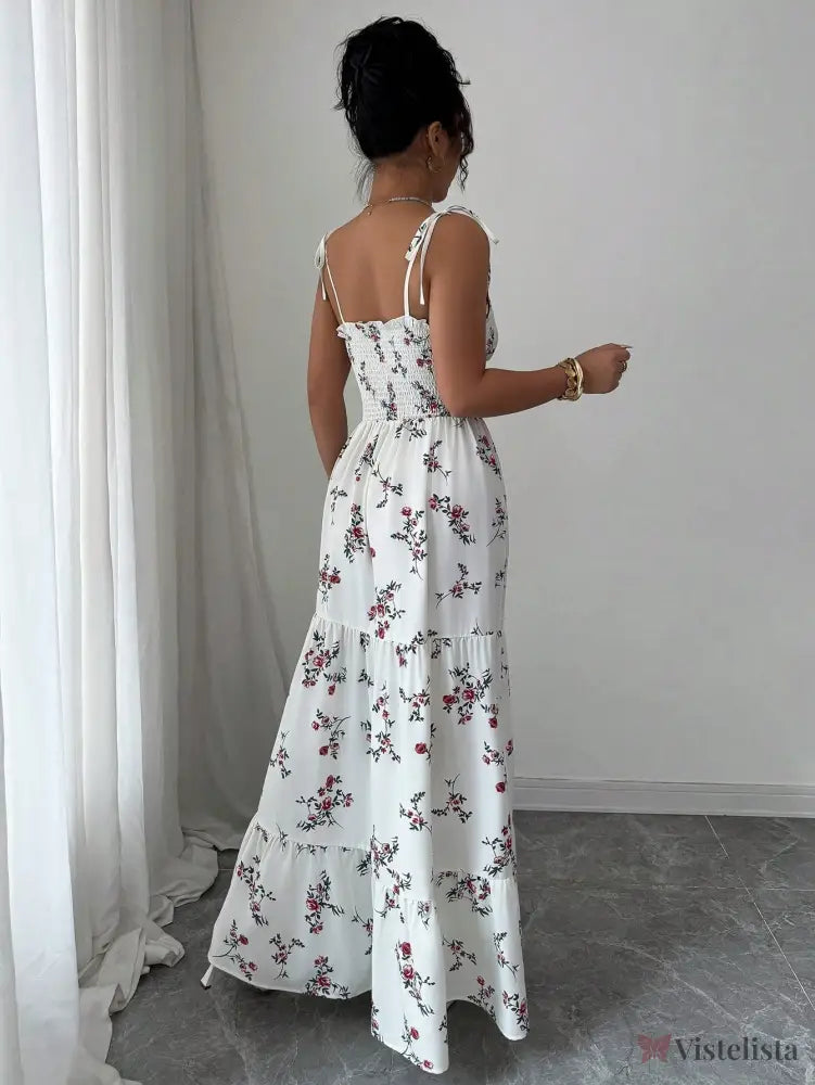 Vestido Longo Estampado Floral Com Alças Finas Ajustáveis Vestido Longo Estampado Floral Com Alças Finas Ajustáveis