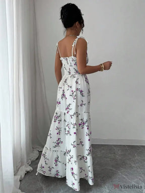 Vestido Longo Estampado Floral Com Alças Finas Ajustáveis Vestido Longo Estampado Floral Com Alças Finas Ajustáveis