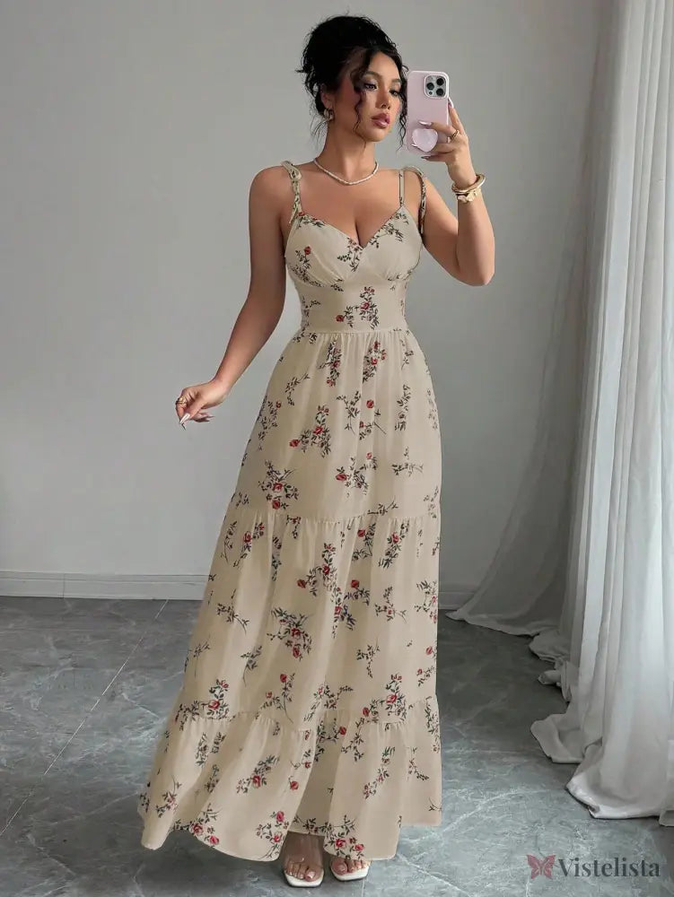 Vestido Longo Estampado Floral Com Alças Finas Ajustáveis Cáqui / PP Vestido Longo Estampado Floral Com Alças Finas