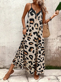 Vestido Longo Estampado Soltinho Com Alças Finas Cáqui / PP Vestido Longo Estampado Soltinho Com Alças Finas