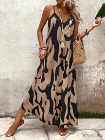 Vestido Longo Estampado Soltinho Com Alças Finas Castanho / PP Vestido Longo Estampado Soltinho Com Alças Finas