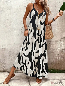 Vestido Longo Estampado Soltinho Com Alças Finas Preto / PP Vestido Longo Estampado Soltinho Com Alças Finas