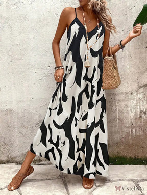 Vestido Longo Estampado Soltinho Com Alças Finas Preto / PP Vestido Longo Estampado Soltinho Com Alças Finas